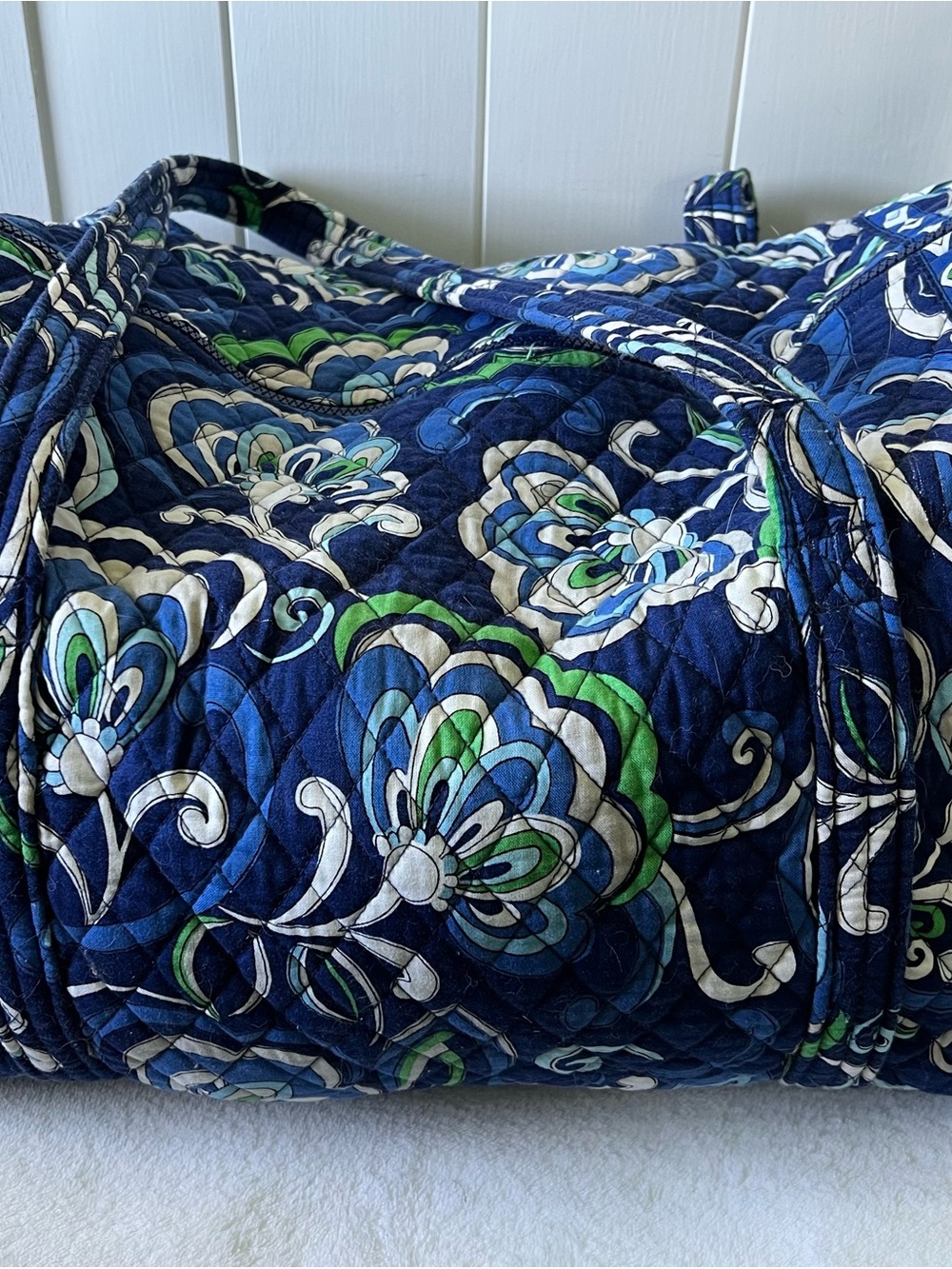 Vera Bradley Navy Quilted Weekender Blue, Green & White Geometric Floral Print